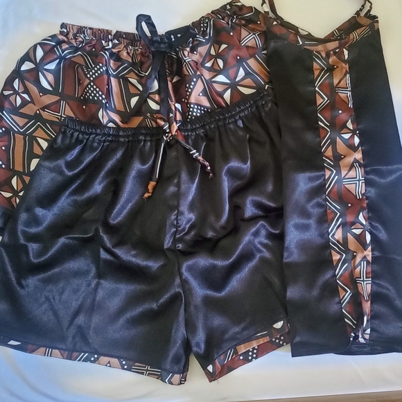 Silk African Print  Sleepwear BLK Brown Size L - Picture 1 of 7